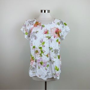 Kim Rogers White Pink Green Floral Smock Blouse Top Cottagecore Women Large